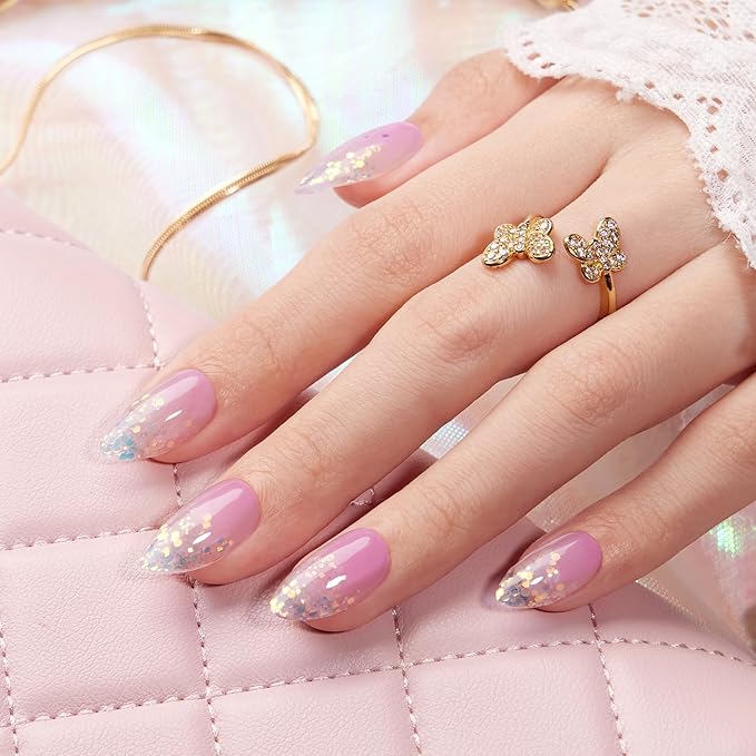 VSALON Press-On Nails Short Almond - Purple Ombre Blue Sparkle Glitter Semi-Transparent Mermaid Design, Reusable Opaque Soft Gel Fake Nails with Glue & Cuticle Oil 32 PCS in 16 Sizes Gifts for Women