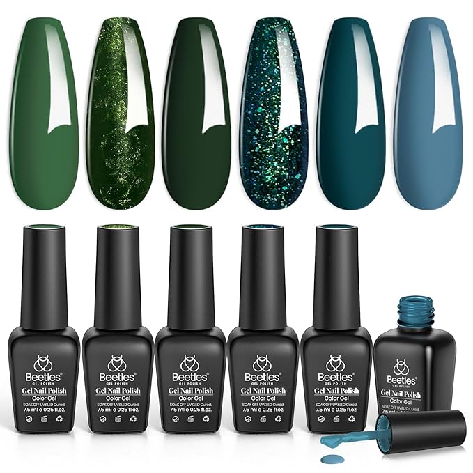 Beetles Green Gel Nail Polish Set - Boundless Forest Dark Green Gel Polish, 6 Colors Soak Off Uv LED Nail Lamp Gel Nail Kit Home DIY Manicure Nail Salon St Patrick Day