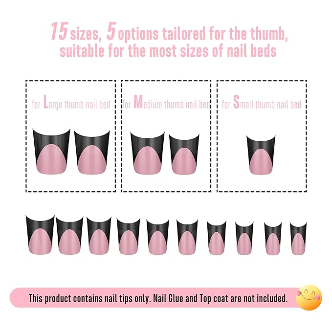 NOVO OVO Duck Nails Short with Moon Curve Black French Tips Berry Pink, 240Pcs Soft Gel Flare Wide French Full Cover False Nail Tips, Press on Acrylic Extension (15 Sizes)