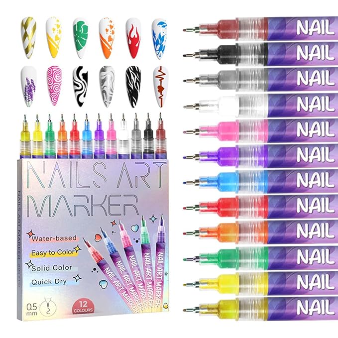 12 Colors Nail Art Pens Set With 500PCS Nail Form,New Nail Art Markers Polish Pen for Women Everyone, Nail Art Tools for Dotting Drawing Painting Point Liner DIY (1 set)