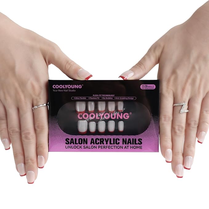 Press On Nails, COOLYOUNG Red French Tip Press On Nails, Cat Eye Nails, Short Natural Acrylic Fake Nails for Women, 30 PCS False Nails