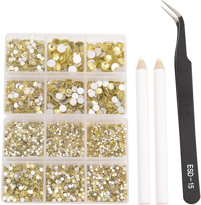 NCB 8000pcs Non Hotfix Rhinestones 10 Sizes Flatback Crystal Glass Rhinestones with Tweezers and Picking Pen for Nail Art Clothes Bags Phone Decorations Crafts DIY (011 Jonquil Mix SS3-SS30)