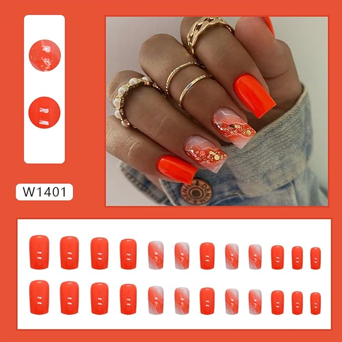 Orange Press on Nails Medium Square Fake Nails Press ons Full Cover False Nails with Design Gold Foil Sequins Glue on Nails Shiny Glossy Acrylic Artificial Nail for Women Manicure 24Pcs