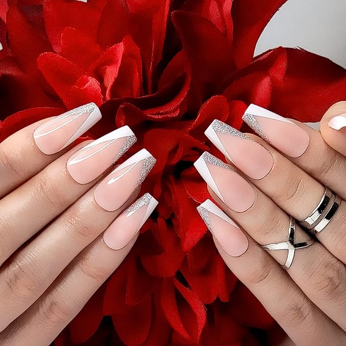 Hypnaughty 24 Pcs Modern Glittery French Luxury Coffin Press On Nails with Holographic Glitter Design and Glue Medium Long False Nails with White and Silver Tips (Modern Glittery French)