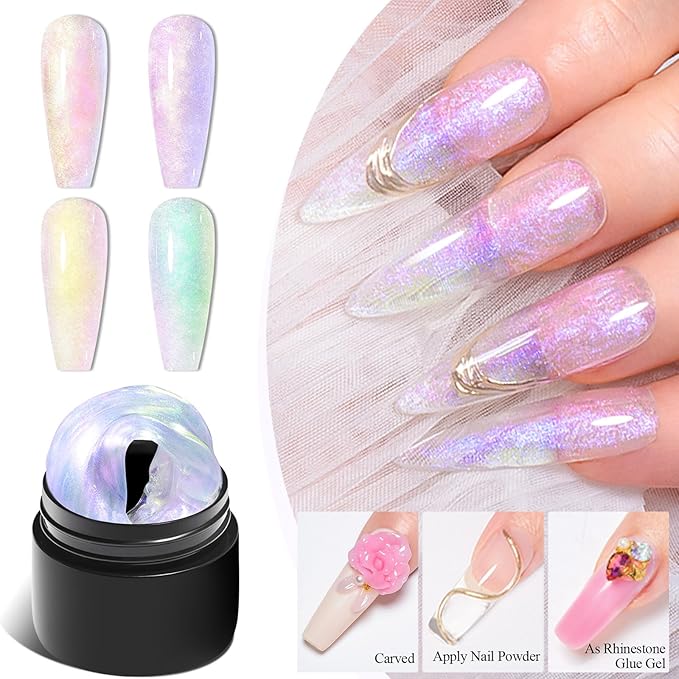 MEET ACROSS 9Pcs 3D Builder Gel Kit for Nail Art Aurora Pink Purple Non Sticky Hand Carving Extension Solid Builder Gel for Nails with Silicone Pen Manicure Kit 4 Colors
