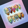 100% Handmade Press on Nails Colorful Flower Medium Almond Fake Nails with 5D Butterfly Design French tip Glue on Nails Floral False Nail Reusable Handmade Nail for Women Manicure Size L