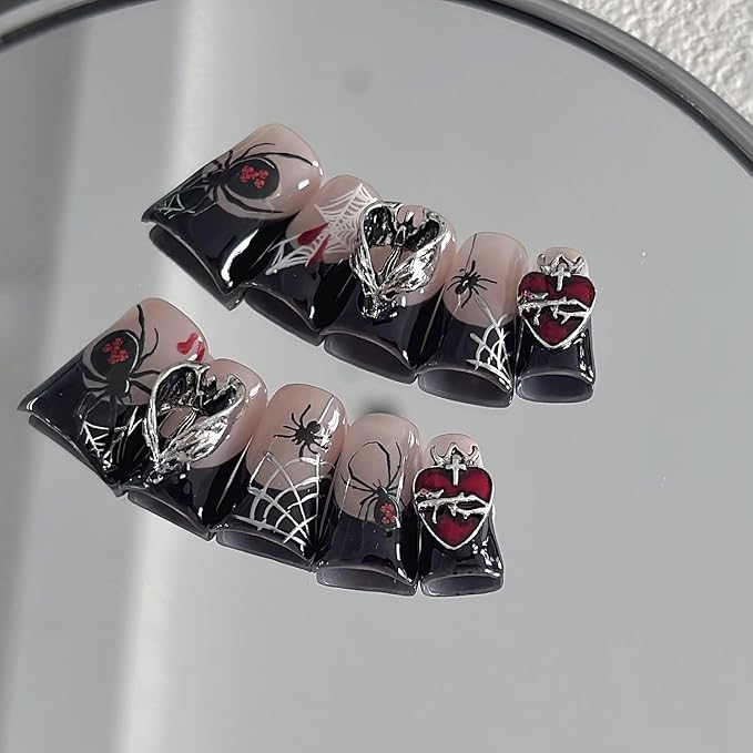 Halloween Luxury Press on Nails Short Duck Handmade 3D Unique Reusable ABS Material Fake Nails Black French False Nails with Designs Spider Web Bat Charms Glossy Glue on Nail Thick Acrylic Nail(M)