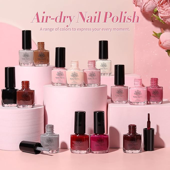 Born Pretty Red Pink Nail Polish Set, 15 Colors Red Pink Nude Black White Gray Brown Nail Polish Quick Dry Fingernail Polish Kit for DIY Nail Art Salon Home Valentines Day Gift for Women