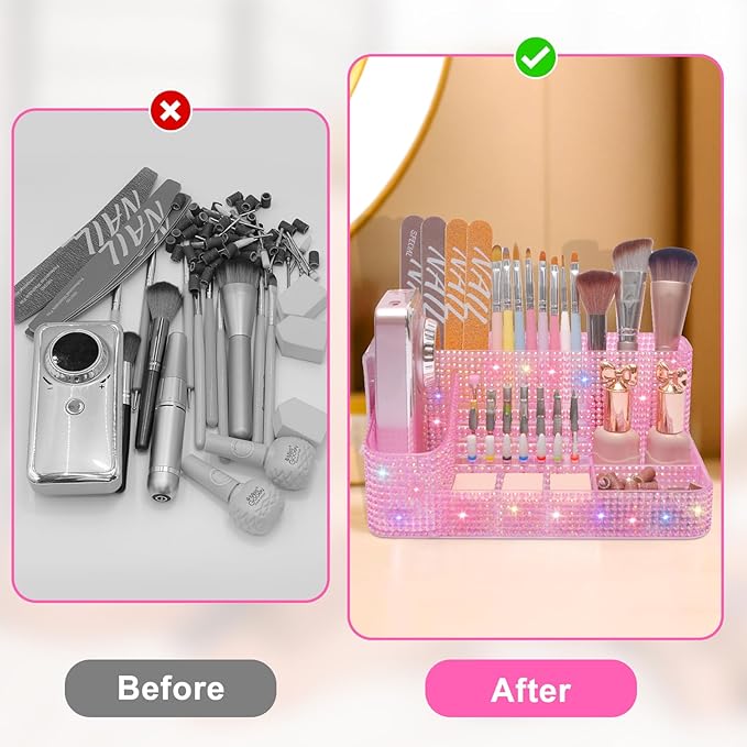 ANRUI Nail Drill Bit Holder, 28 Holes Plastic Nail Drill Machine & Bits Storage Case, Professional Nail Desk Organizer for Manicure Tools Gift for Women and Girls- Diamond Pink