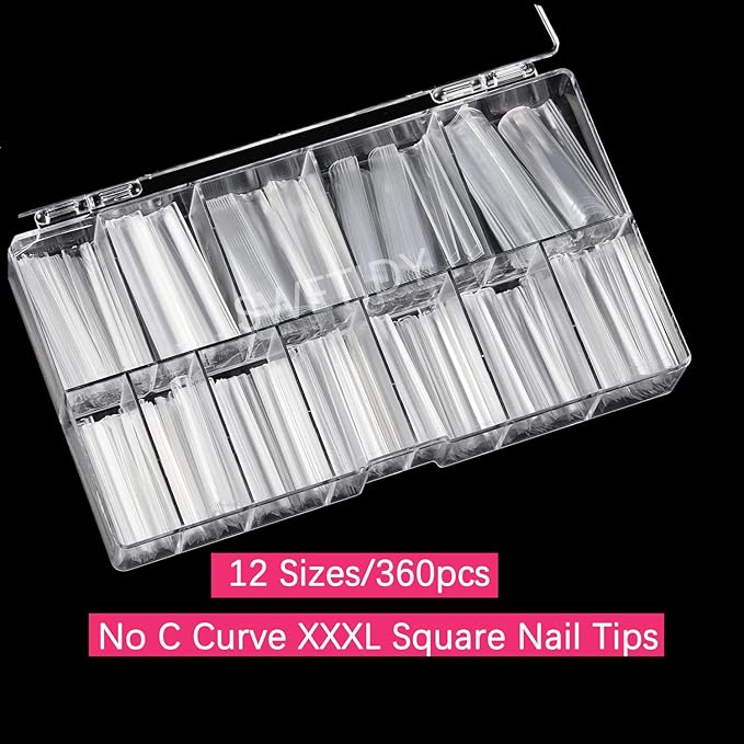 No C Curve 3XL Long Square Nail Tips for Acrylic Nails Professional, SWETIDY 360PCS Clear Straight Flattened Half Cover False Nails Tips with Case for Nail Salons and Home DIY, 12 Sizes