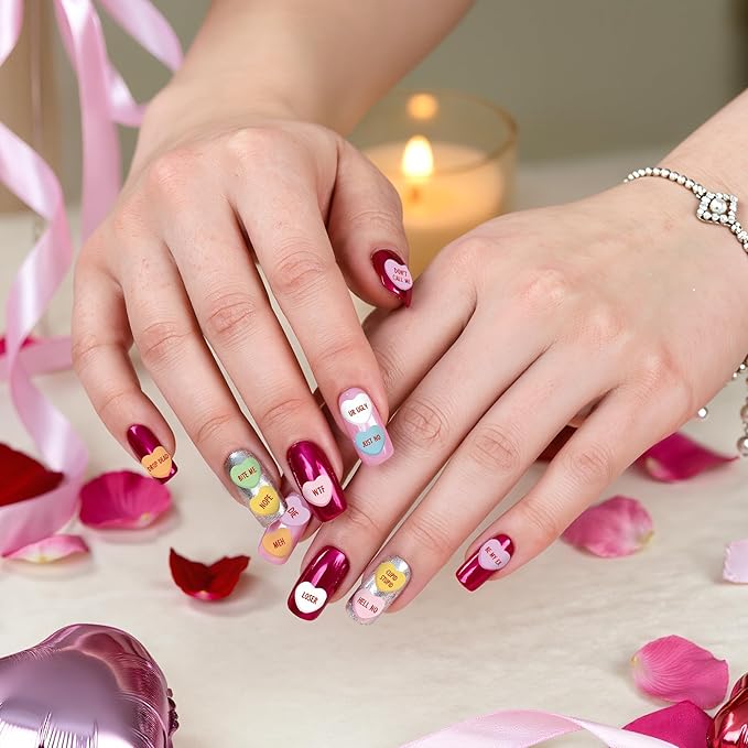 Eartim Valentine's Day Mean Conversation Heart Nail Sticker - 8 Sheets Colorful Sweet Heart Nail Art Sticker Waterproof Self-Adhesive Decorative Decal for Women Valentines DIY Manicure Accessories
