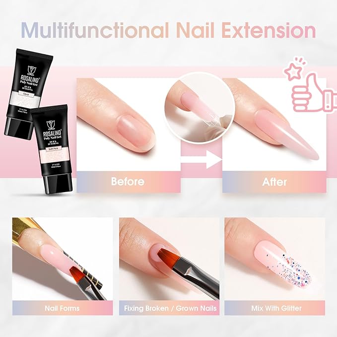 ROSALIND Soft Pink&Opal Extension Gel, 2 PCS 2oz Opal Poly Nail Gel kit Pink Nail for Nail Art Decoration, Builder Pink Gel Nail Thickening Poly Nail Gel Tube Easy to DIY Use Need UV Lamp