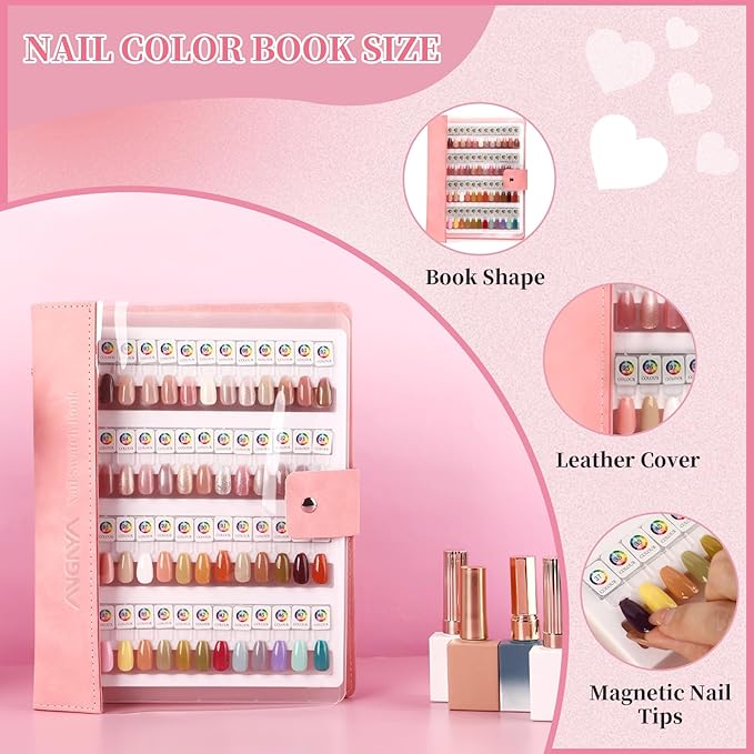 ANGNYA Magnetic Nail Swatch Book, 192 Nail Color Book Leather Nail Sample Display Book with192 Magnetic Tips&1-240 Number Labels, Perfect for Professional Salon Nail Art Color Chart & Practice Stand