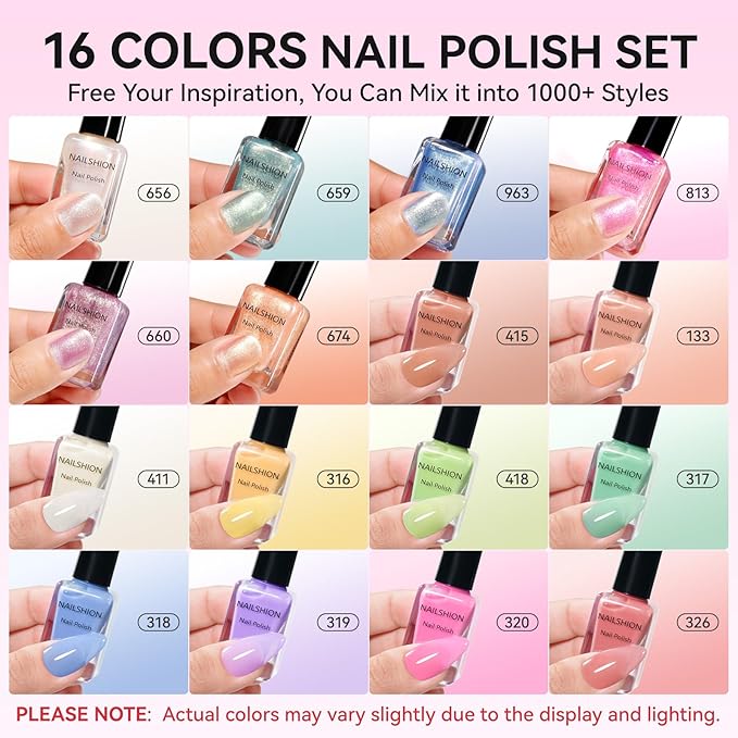 Quick Air Dry Nail Polish, 16 Colors Holographic Nude Peach Pink Blue Green Jelly Glitter Sparkle Regular Nail Polish with Clear Base Top Coat & Remover Pads, Hema-free, Non Gel,