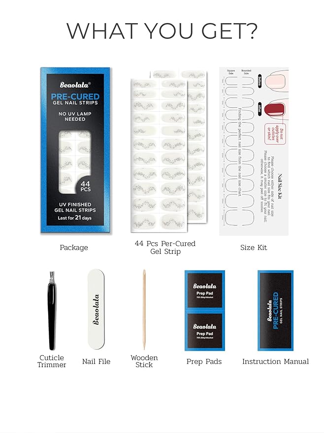 Pre Cured Gel Nail Strips - 44PCS Salon Quality Gel Nail Stickers - Long Lasting Polish Wraps for Women no UV Light Needed Easy Apply & Remove (Midnight White)