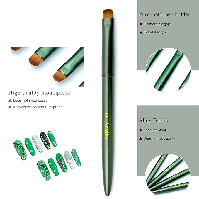 4pcs Matte Green Metal French Nail Brush | Professional French Tip Brush | Nail Clean Up Brush (#10,#12,#14,#16) (Matte Green)