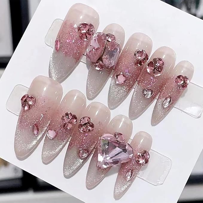 WOMHOPE Press on Nails Handmade Full Cover False Nails with Rhinestone Vintage Flower Aurora Acrylic Nails for Women and Girls 10pcs/Box Long Almond,Coffin (Pink cat's eye, Medium)