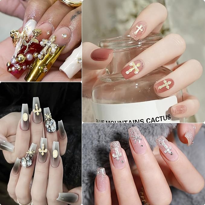 3D Cross Nail Charms for Nail Art, 60 Pcs Metal Crystal Cross Nail Decorations, Alloy Nail Studs and Rhinestones for Women Girl DIY Jewelry Crafts Supplies (Gold C)