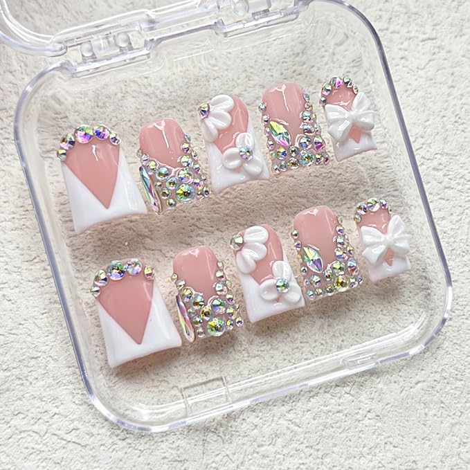 Luxury Rhinestone Medium Duck Press on Nails Handmade Nails with Glue,Nude False Nails with 5D Flower Art Design White French Thick False Nails Muti-Layer Gel Handmade Nail for Women (Size S)