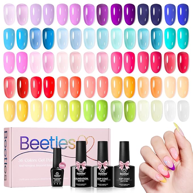 Beetles Spring Gel Nail Polish Set - 36 Colors Dewdrop Flora Gel Nail Kit Jelly Pink Milky White Yellow Purple Green Natural Classic Color Set Soak Off UV LED Home Salon Easter Gift for Women