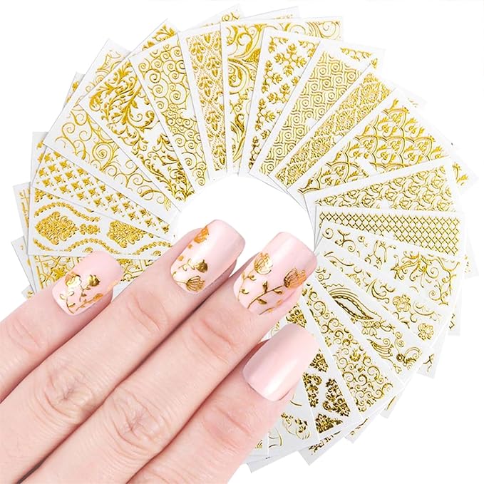 30 Sheets Gold Art Stickers Decals 3D Self-Adhesive Lace Decals Retro Flower Designs Nail Supplies Summer Nail Decoration DIY Nails Accessories for Women