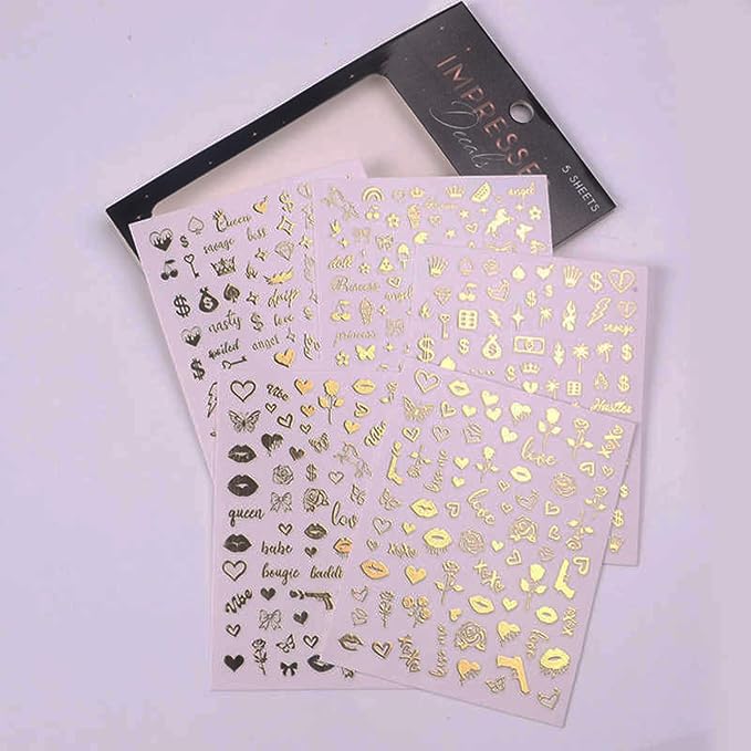 Impressed 5 Sheets Gold Holographic Nail Art Stickers - 500+ Small Customized Nail Decals for Fake Nail Design Decorations – Cute Salon Nails Accessories - Manicure Décor Supplies for Women and Men