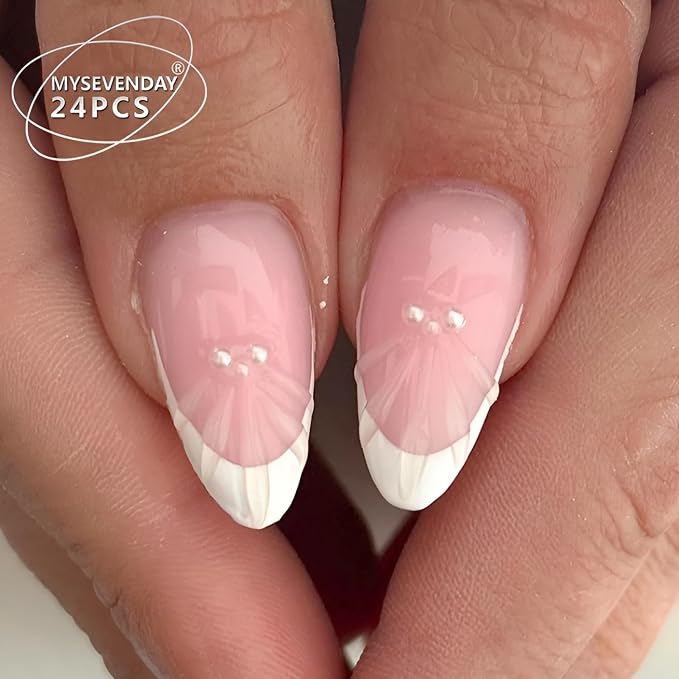 French Tip Press on Nails Medium Almond Fake Nails Flower False Nails Glossy Full Cover Nails Press Ons with Pearl Design Nude White Glue on Nail DIY Acrylic Stick on Nail for Women 24Pcs
