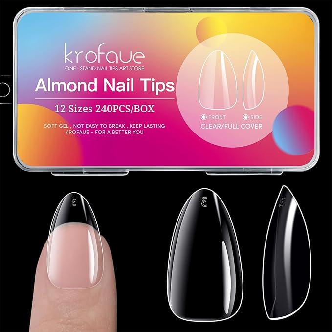 krofaue Almond Nails Tips - 240Pcs Clear Fake Tips 12 Sizes Soft Gel False Nails Full Cover Press on Nails Almond for Manicure Salon and Easy DIY Nail Extensions for Women