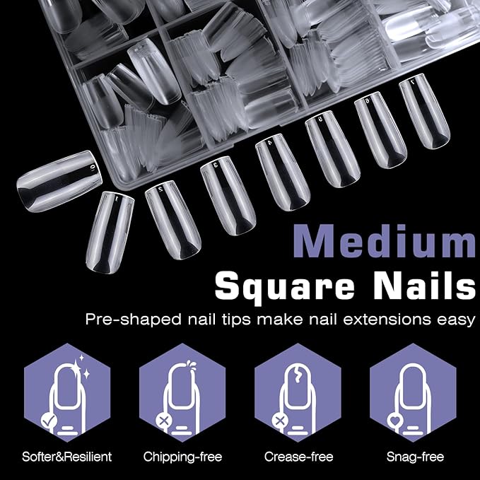 600pc Medium Square Nail Tips Fake Nails Press on Nails Clear Nail Tip Full Cover False Nails Artificial Fingernail, 12 Size Soft Gel Nail Tips Square for Acrylic Nail Gel Nail Extensions
