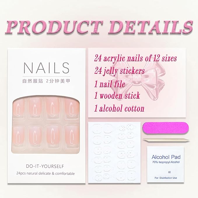 Ombre Press on Nails Short Square MABKJLF Nude Pink Fake Nails False Nails with Designs Pink Glitter Gradient Natural Nails Full Cover Glossy Glue on Nails Stick on Nails for Women Girls 24 Pcs