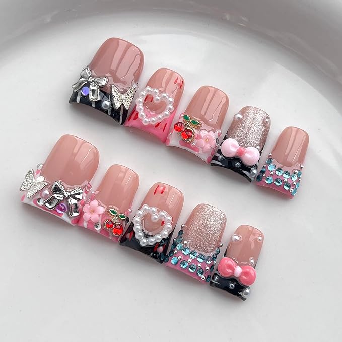 French Tip Press on Nails Handmade Short Duck 3D Flower Thick Acrylic Nails Cute False Nails with Bow Cherry Rhinestones Pearls Designs Glossy Fake Nail Sturdy Art Press on Nail 10Pcs(S)
