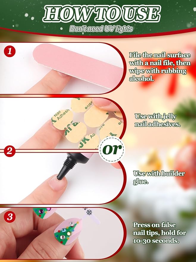 Christmas Press on Nails Kid, EBANKU 24Pcs Almond Fake Nails Kit Full Cover Green Christmas Tree Cute Design Acrylic Nails with Nail Glue for Girl