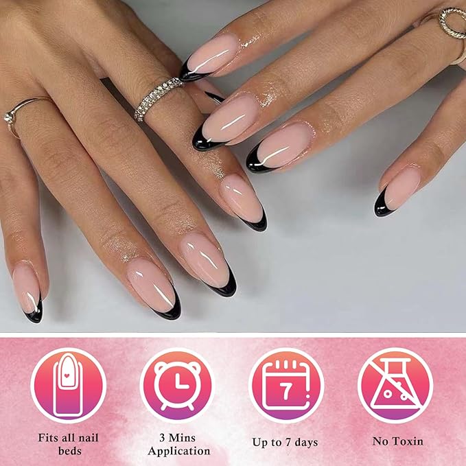 AddFavor French Tip Press on Nails Medium Almond Fake Nails, 120pcs Black French Tips Nails Glossy Nude Almond Nails Press ons Artificial False Nail with Adhesive Tab for Women Girls