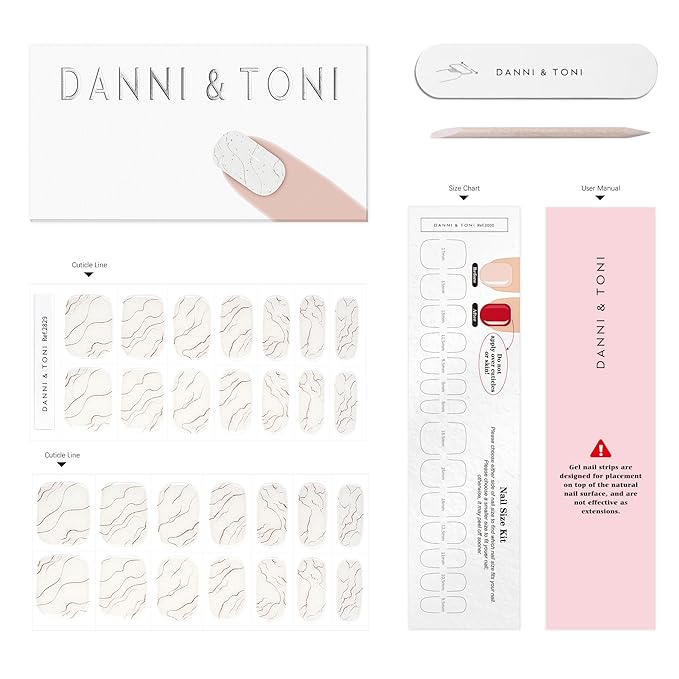 DANNI & TONI Semi Cured Gel Nail Strips White Gold Lines Laser Glitter Gel Nail Wraps 28 Stickers | Celestial Veins