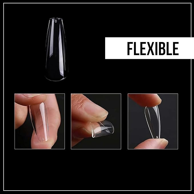 Nail Gel-X Natural Coffin Long Tips Set - NeVi USA Premium Quality, 600 Tips in 12 Sizes - Complete DIY Nail Extension Kit | No Size 00 Included #10&11 are in the same section #10