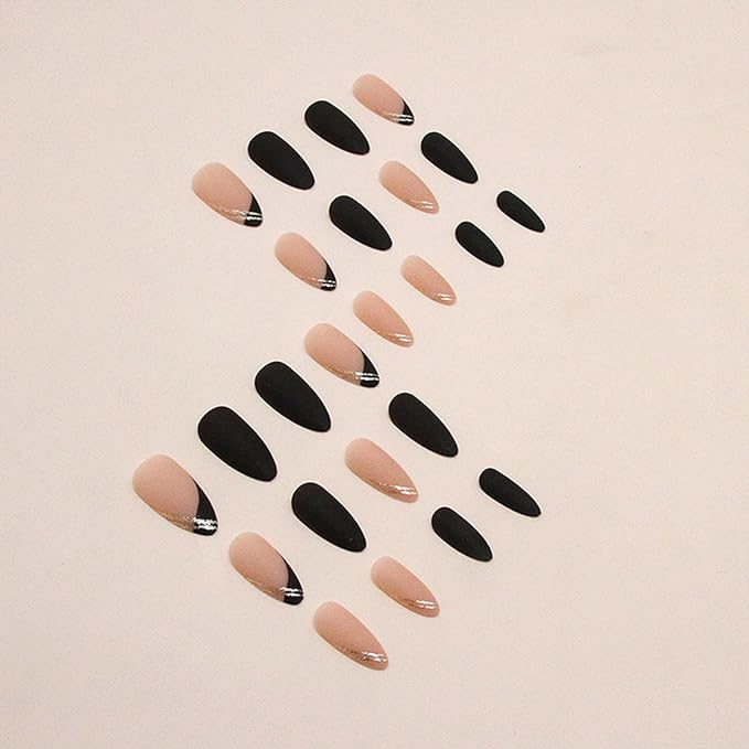 Black Press on Nails Medium Almond Fake Nails Matte False Nails Press ons with Designs French Tip Acrylic Full Cover Glue on Nails Halloween Stick on Nail for Women Manicure 24 Pcs