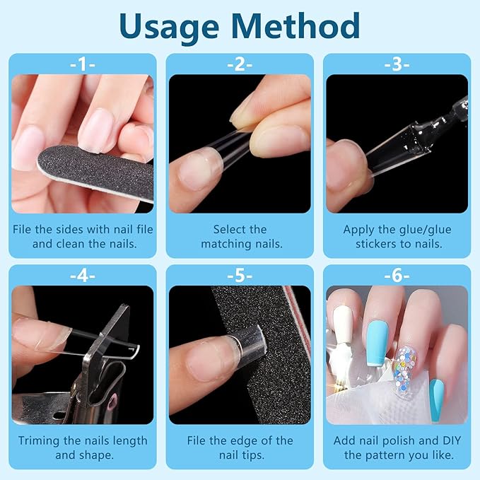 Yokilly Clear Coffin Nails Tips, 500 PCS Short C Curve Half Cover Soft Gel Nail Tips, 10 Sizes Acrylic Flase Nail Tips for Nail Salons and Home DIY