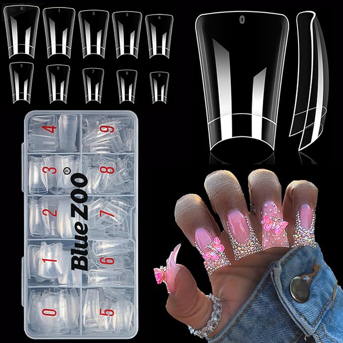 BlueZOO Duck Nail Tips, 500Pcs Clear C Curve False Nail Tips for Acrylic Nails, Gel Half Cover Wide French Nails 10 Sizes, Y2K Nail Extension Professional Salon & Home DIY Nail Art for Women Girls