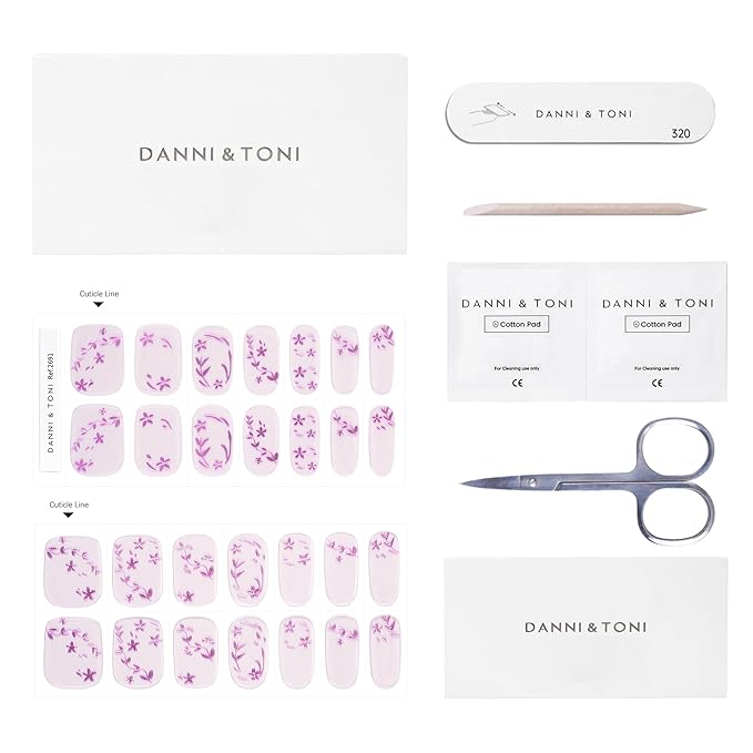 DANNI & TONI Semi Cured Gel Nail Strips Floral (Lavender Chrome) Rose Pink Mirror Flower Gel Nail Wraps Transparent Base Gift for Woman