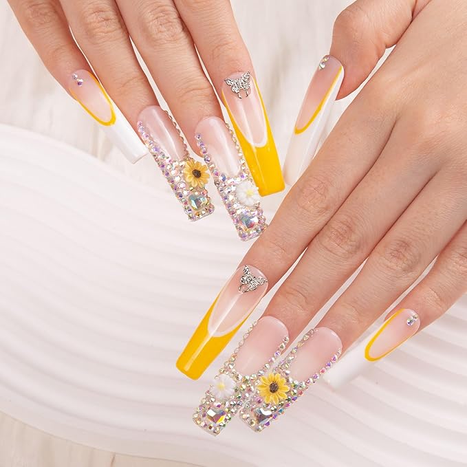 LOVFUL Press on Nails Sunflower| Handmade with Full Covered Crystals| Reusable Fake Nails| Square Mid length 1.7in| H143-S