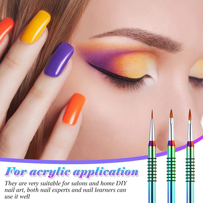 Patelai 3 Pcs Kolinsky 3D Nail Art Brush Set for Acrylic Powder Sculpture Nail Art Brush Size 2/4/5 with Rainbow Metal Nonslip Grip Handle for Acrylic Powder Application