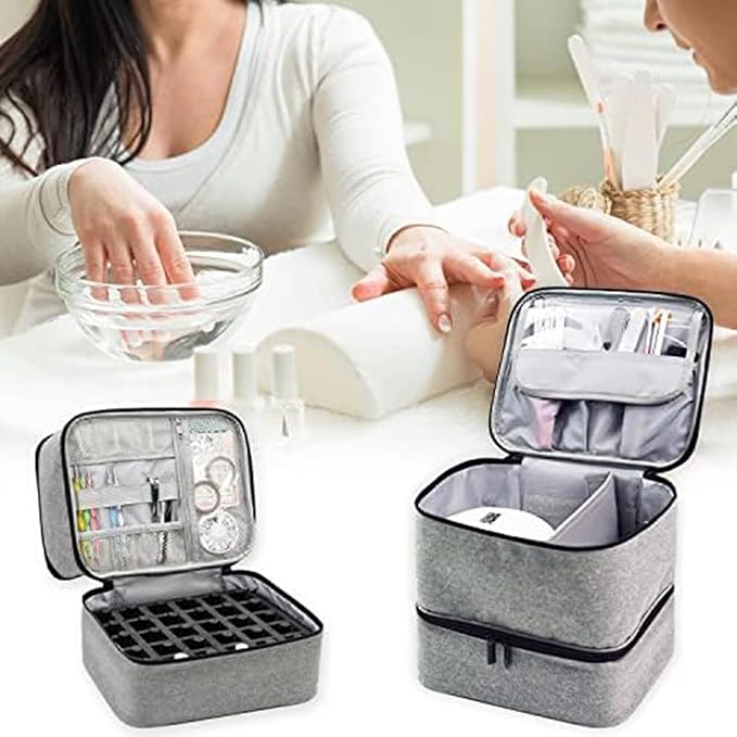 Meichoon Carrying Case Organizer 2 Layers Storage Holder Case with Adjustable Bottle Compartment 30 Bottles of Gel lamp and Manicure Tools Large Makeup Bag Travel with Removable Divider Gray