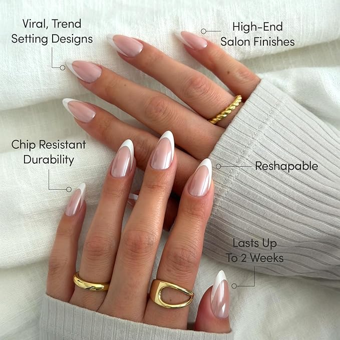 Glamnetic Press On Nails - Mother Pearl | Medium Almond White French Tip Fake Nails, Salon Quality French Manicure | 15 Sizes - 30 Nail Kit with Glue
