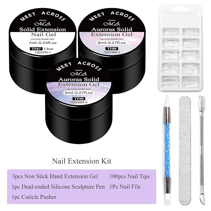 MEET ACROSS Gel Builder Kit: Self-Levelling, Long Lasting Extension Hard Gels for Strengthener, Broken Nails Repair Gel Kit with Nail Forms, Cuticle Pusher, Nail File and Brush Pen