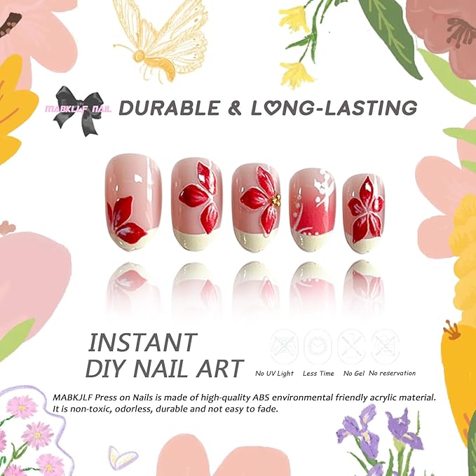 Press on Nails Short Oval MABKJLF Yellow French Tip Fake Nails Flower False Nails with Plumeria Floral Designs Ombre Glossy Glue on Nail Spring Summer Acrylic Nails for Women Girls 24Pcs