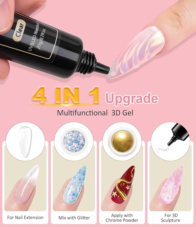 4 in 1 Upgrade 3D Gel Nail Gold Chrome Nail Powder【NO.1 -100% 3D Effect】20g No Wipe 3D Gel Nail Art Sculpture with Glitter Chrome Nail Powder for Home DIY Salon Gifts Women- White Gold