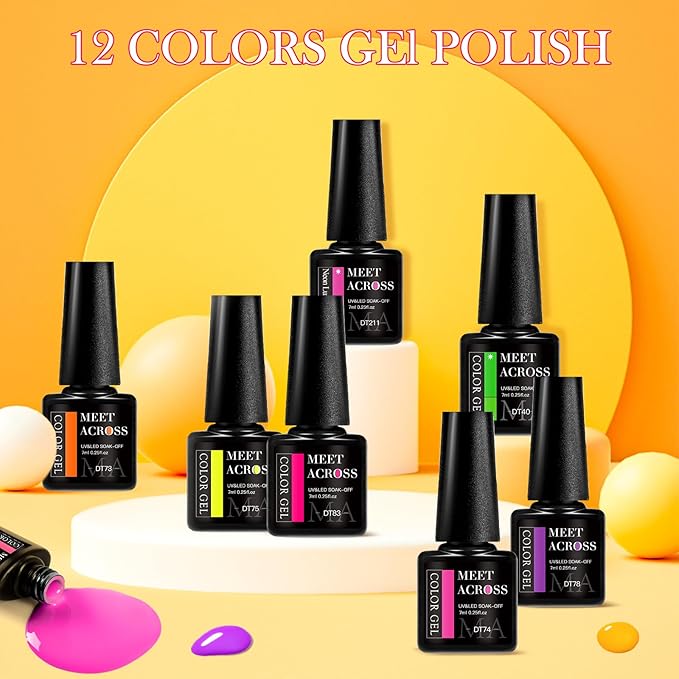 MEET ACROSS 12pcs Gel Nail Polish Set,Soak Off UV LED Lamp Gel Nail Polish Kit,Fashion Shimmer Nail Art Design Gifts for Women Manicure Salon (Neon series)