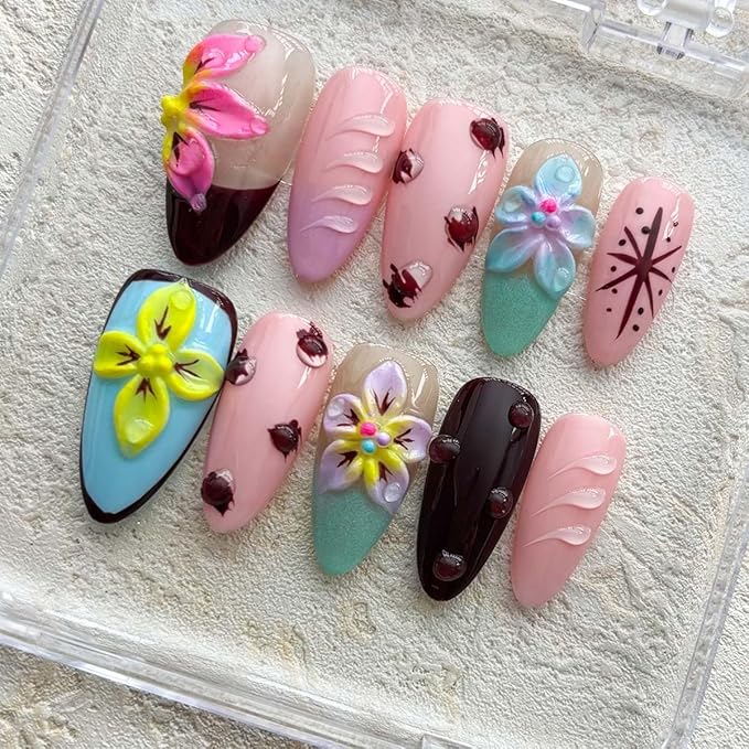 Handmade Press On Nails Medium Almond Fake Nails French Tip False Nails With 3D Flower Design Full Cover Acrylic Nail Glossy Floral Stick On Nail For Women DIY Manicure 10Pcs(SIZE:M)