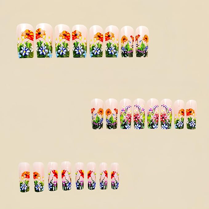 Flower Press on Nails Medium Square Fake Nail with Flower Designs Colorful Flowers Acrylic Nail Nude Pink Glossy Stick on Nails Floral False Nail for Women Girls 24Pcs