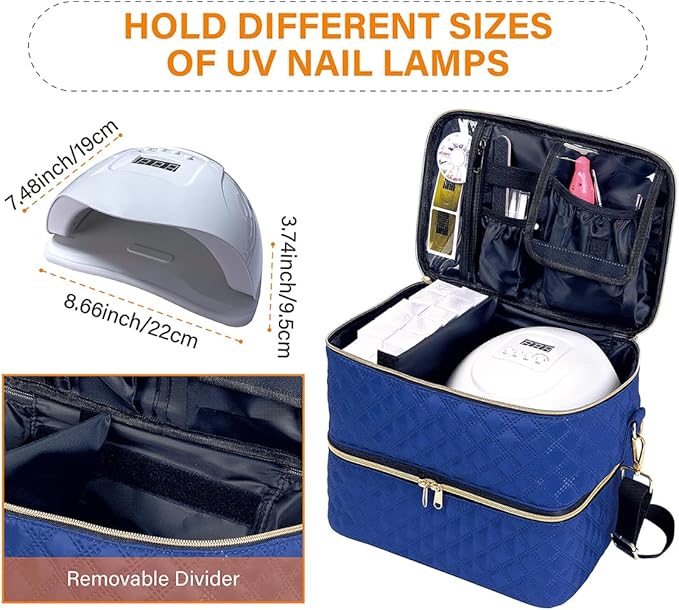 Nail Polish Organizer Case Holds 40 Bottles(15ml/0.5fl.oz) and Nail Lamp, Double Layer Nail Polish Storage with Adjustable Dividers,Portable Carrying Bag for Nail Kit, Manicure Tools Blue